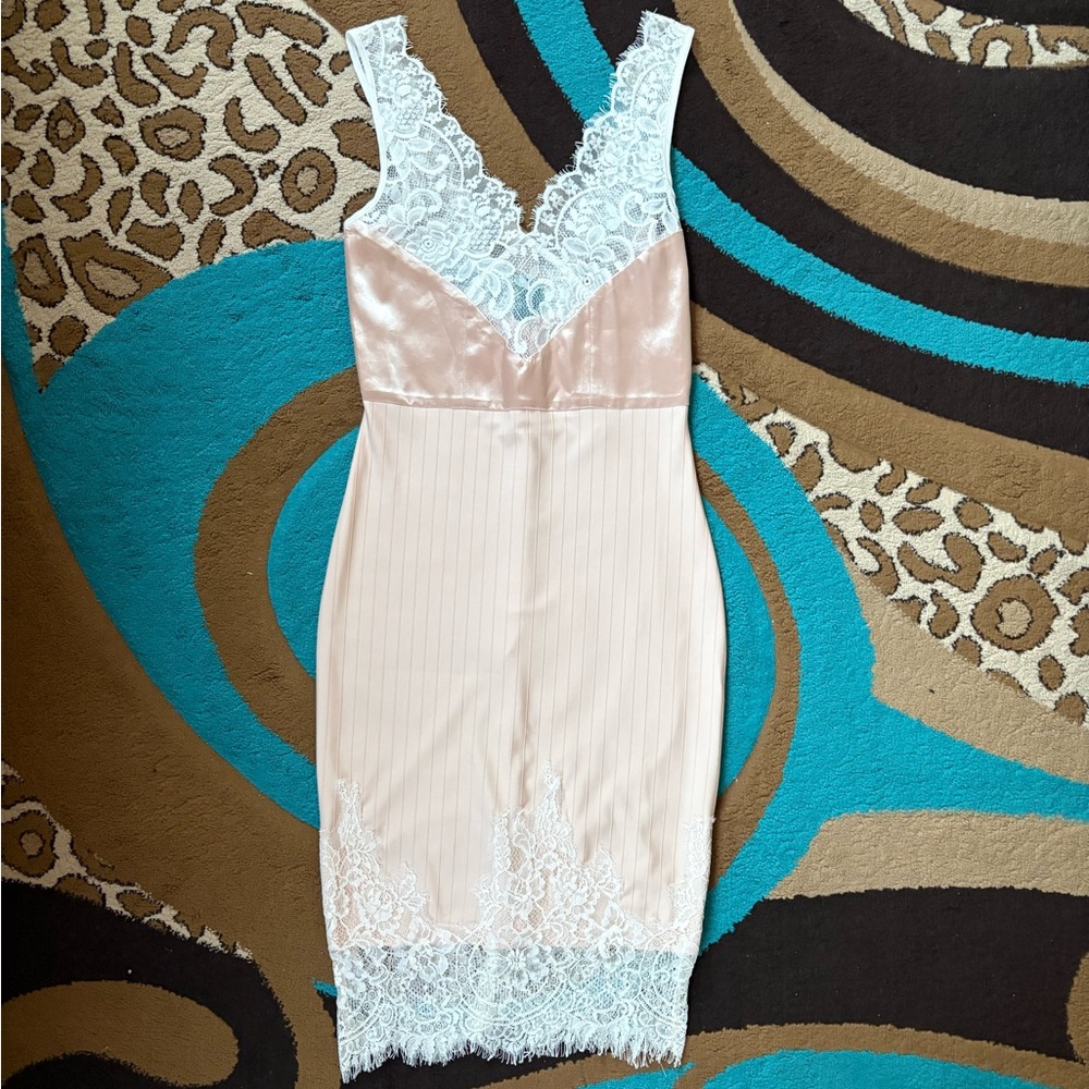 Main Strip White Lace Overlay Pink Dress